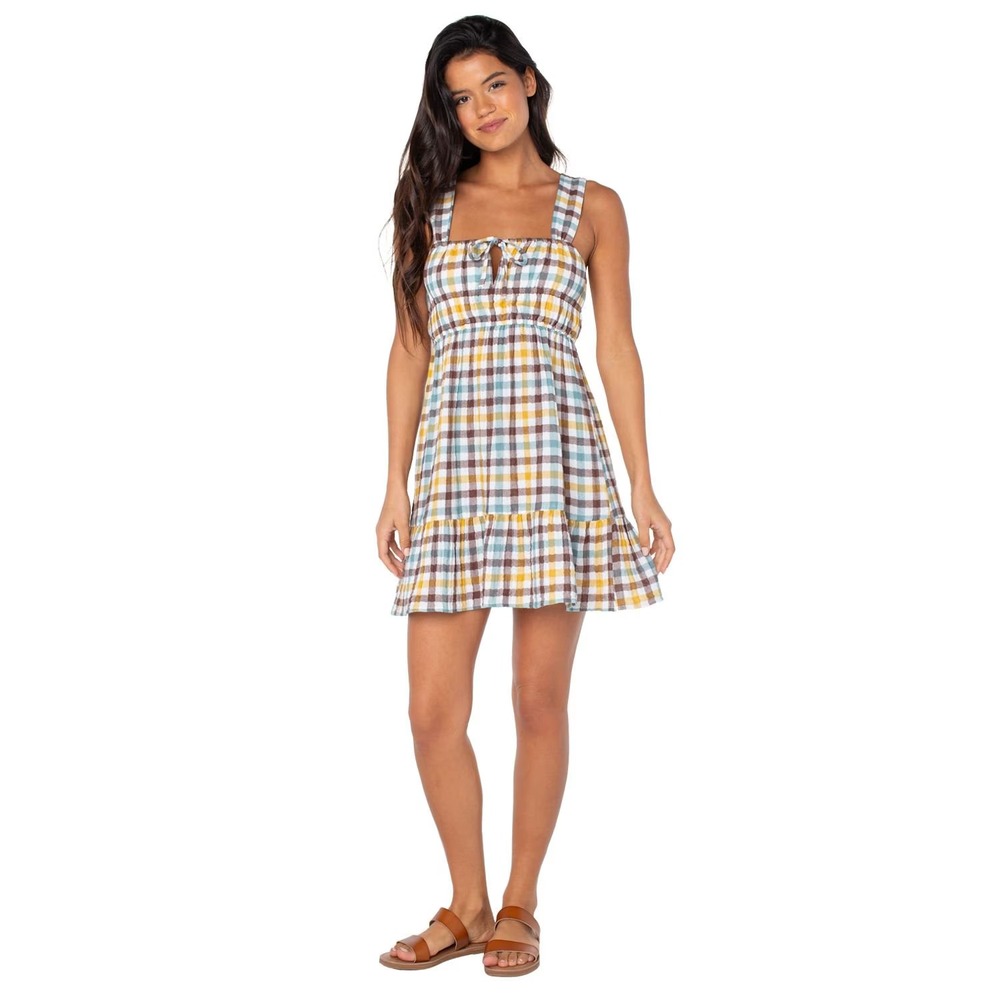 Roxy Juliette Mini Dress Yellow Multi Gingham Plaid Cotton Size Large NWT